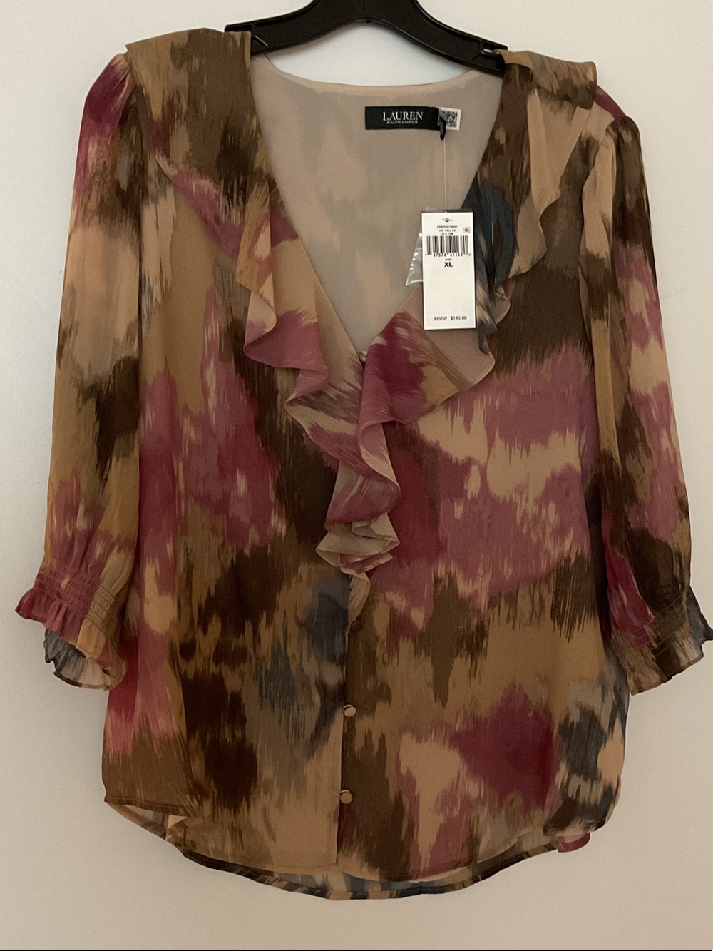 Lauren Ralph Lauren Ruffle V-Neck Blouse - Pink, Brown, Tan